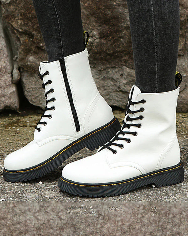 Damen Stiefeletten aus schwarzem Kunst – stilvolles Schnür- und Reißverschlussdesign