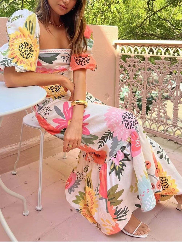 Blumen maxi-kleid - elegantes weisses kleid für damen