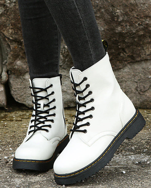 Damen Stiefeletten aus schwarzem Kunst – stilvolles Schnür- und Reißverschlussdesign