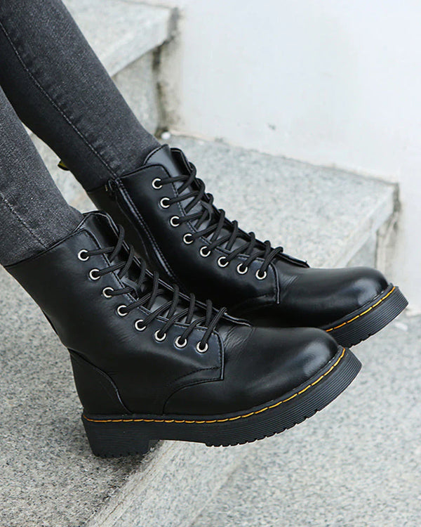 Damen Stiefeletten aus schwarzem Kunst – stilvolles Schnür- und Reißverschlussdesign