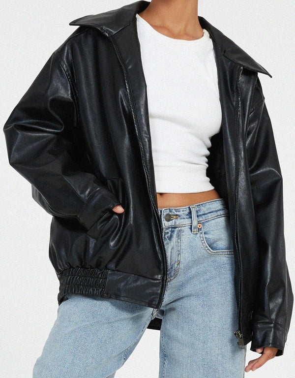 Oversized PU leather-Damenjacke – Stilvolli Oberbekleidung