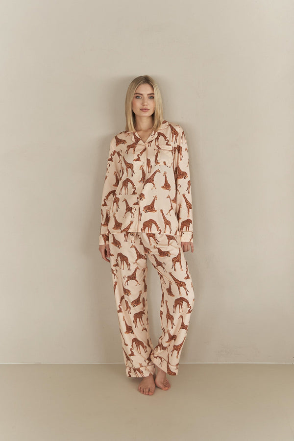2-teiliges damen baumwoll-pyjama-set - giraffenmuster in beige