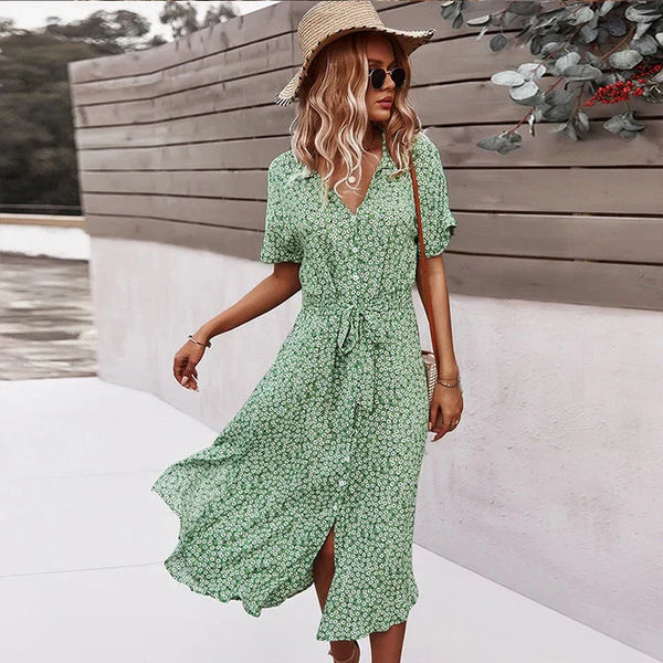 Blumiges sommerkleid - schickes midi-kleid für damen mit knopfleiste