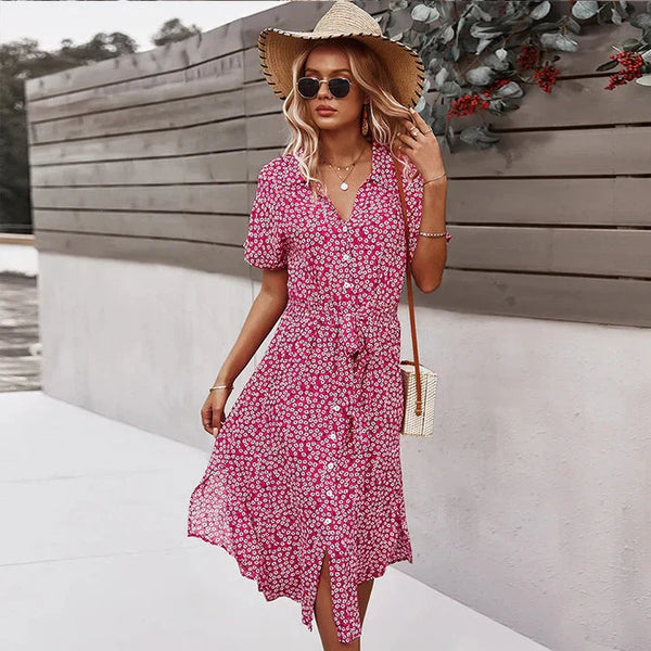 Blumiges sommerkleid - schickes midi-kleid für damen mit knopfleiste