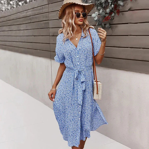 Blumiges sommerkleid - schickes midi-kleid für damen mit knopfleiste