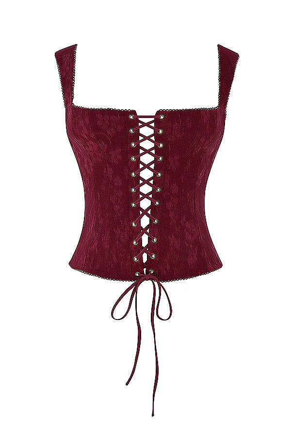 Damen schnür-corsage top - edles merlot blüsli mit raffinierter optik