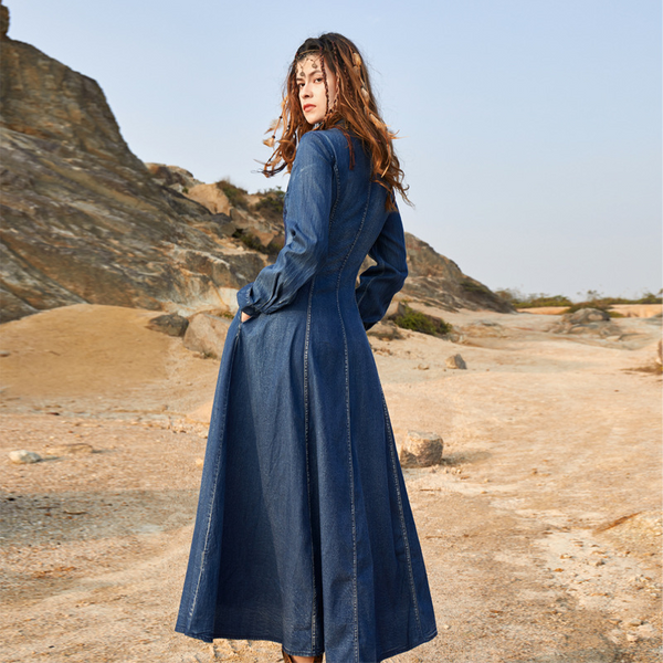 Dunkelblues midi-kleid - stilvolles jeanskleid mit gürtel für damen