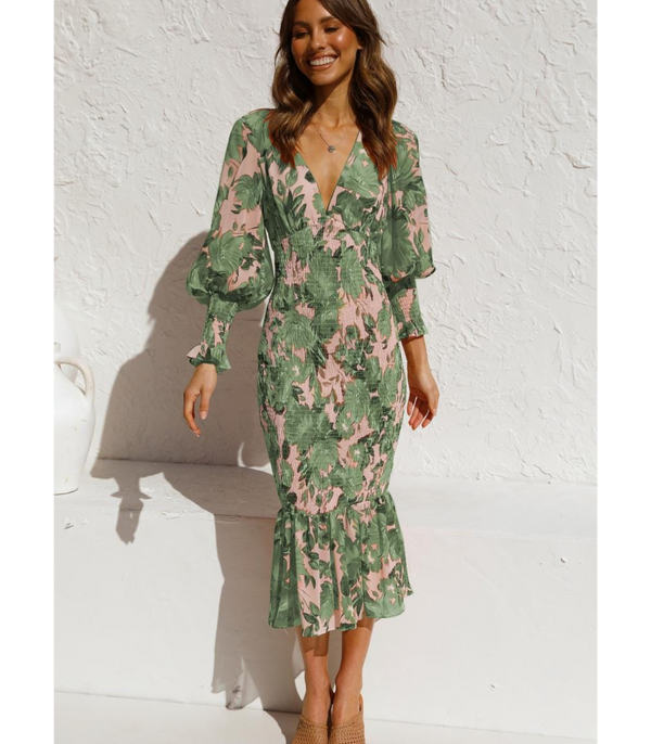 Olivgrünes midi-kleid mit blumenmuster – elegante v-ausschnitt kleid für damen