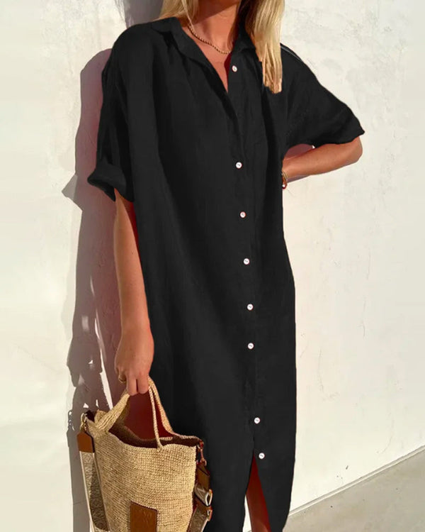 Langes hemdblusenkleid für den sommer - lässige passform aus leinenmischung