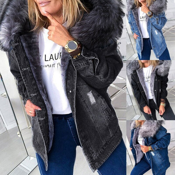 Denim parka - stylische damenjacke mit kunstfellkapuze