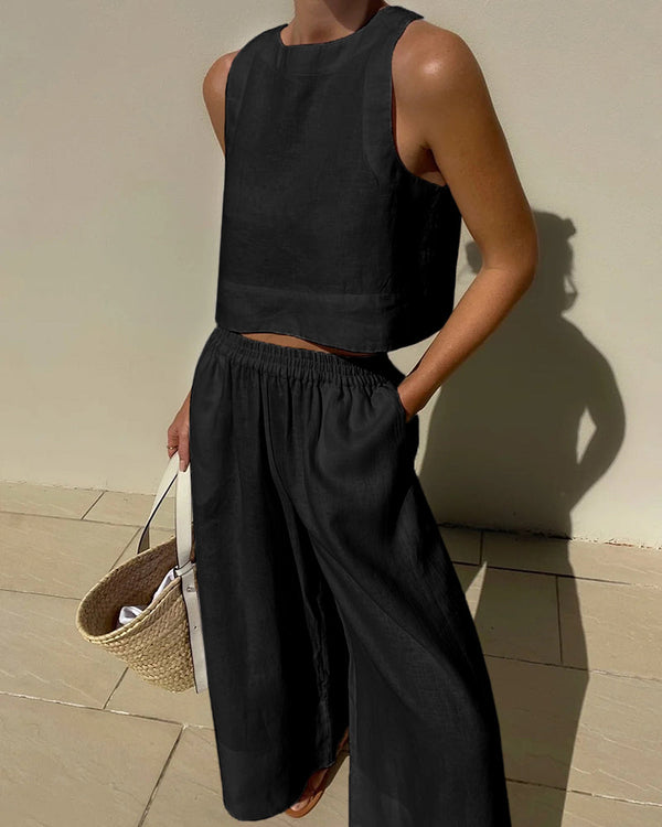 2-teilige frauen leinen crop top und weite hose - stylisches sommer outfit für damen