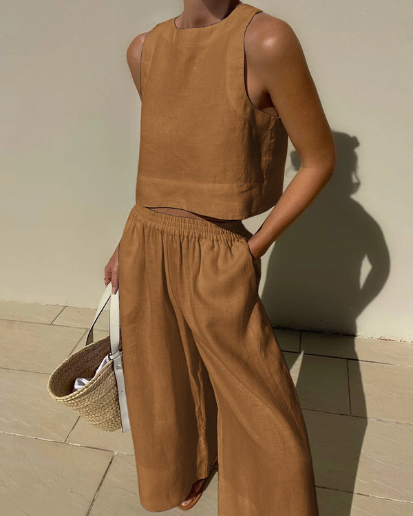 2-teilige frauen leinen crop top und weite hose - stylisches sommer outfit für damen