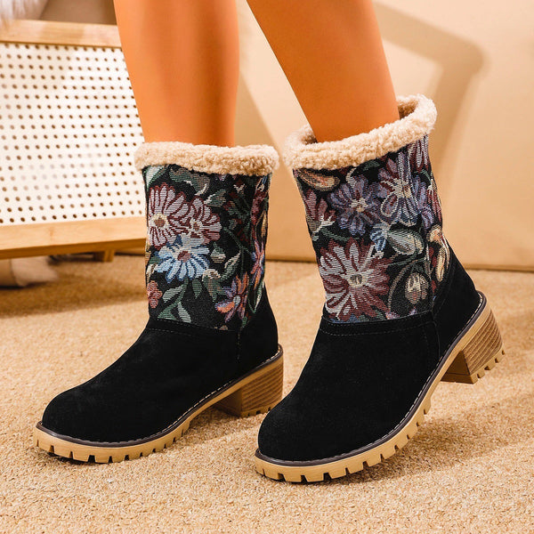Vintage damen stiefeletten – winterstiefel mit blumenmuster, warmem futter und stabilem absatz