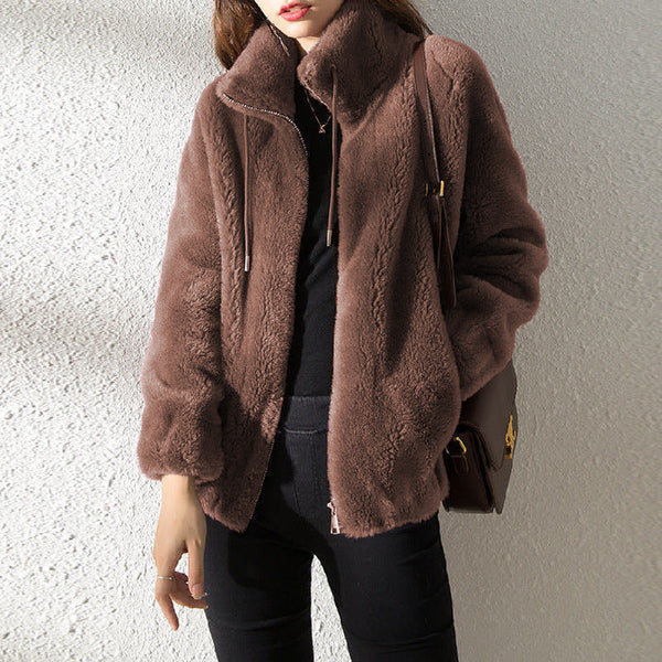 Teddy-fleece damenjacke mit hohem kragen – warme kurzjacke für wintertage