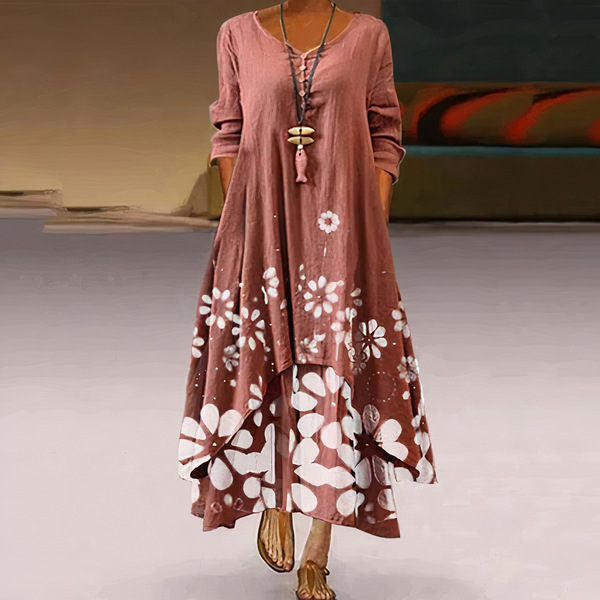 Maxikleid - elegantes damenkleid mit taschen und floralem stickerei