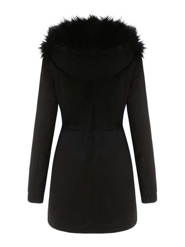 Schwarze Pelz-Winterjacke für Damen – mit Kapuze und Taschen