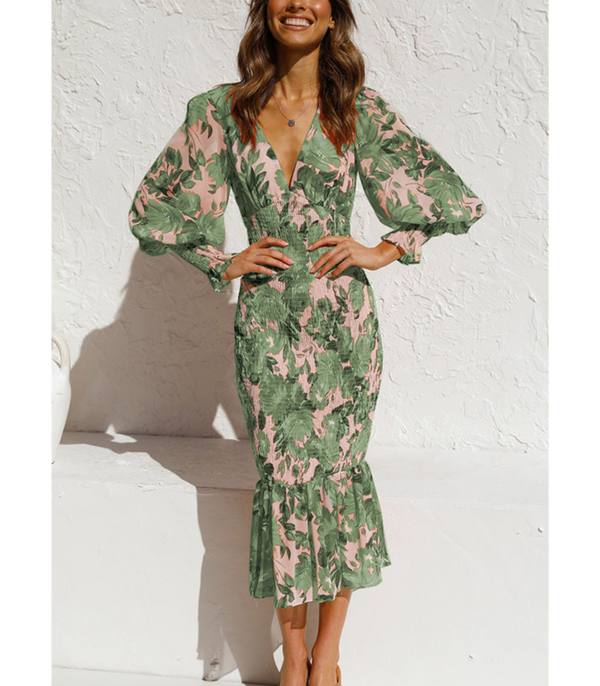 Olivgrünes midi-kleid mit blumenmuster – elegante v-ausschnitt kleid für damen