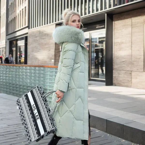 Gepolsterte lange Damenjacke – Winterjacke mit Kunstfellkrage
