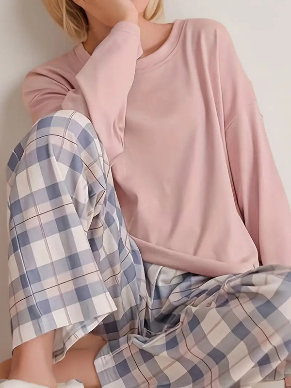 2-teilige damen-loungewear – langarmshirt und karohose