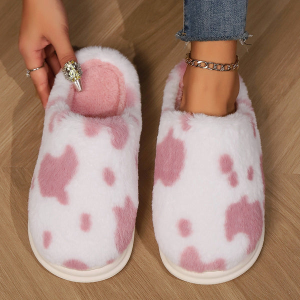 Warme Pantoffeln – Damen Hausschuhe mit Kuhmuster und Plüschfutter