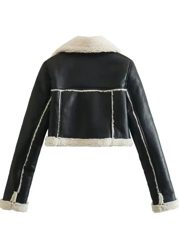 Damenjacke mit Sherpa-Akzent – Kurzi schwarze Jacke mit Reissverschluss
