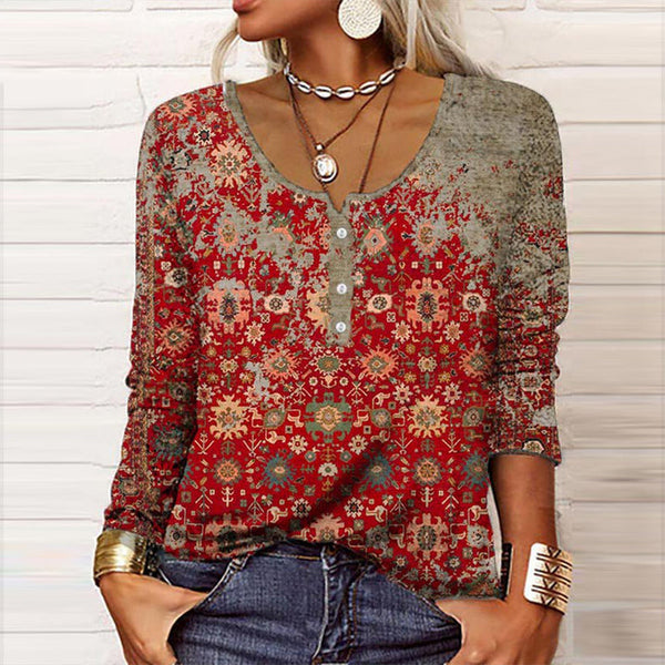 Rote damen langarm oberteil mit muster - bohemian stil shirt