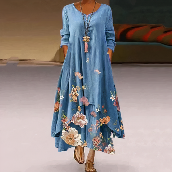 Maxikleid - elegantes damenkleid mit taschen und floralem stickerei