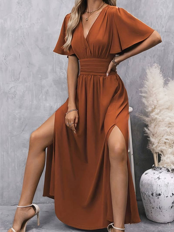 Rust maxi-kleid - elegantes damenkleid mit flatternden ärmeln