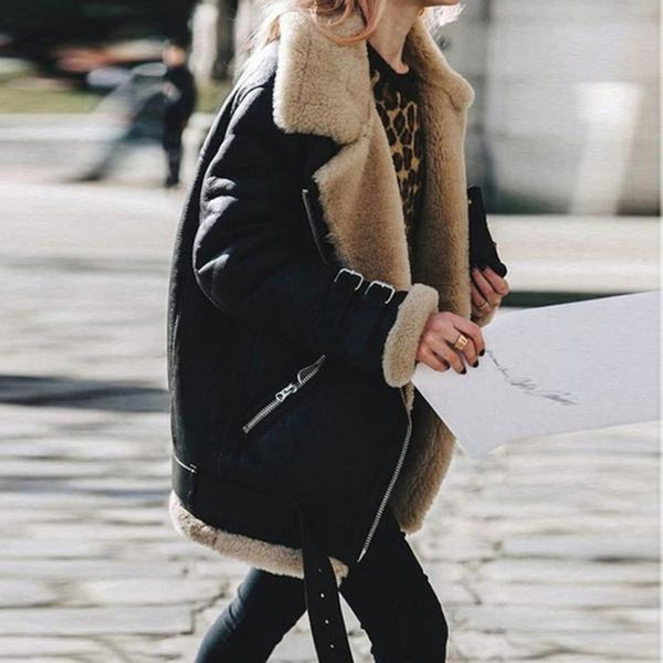 Shearling bikerjacke - luxuriöse damen fake-faux suede jacke