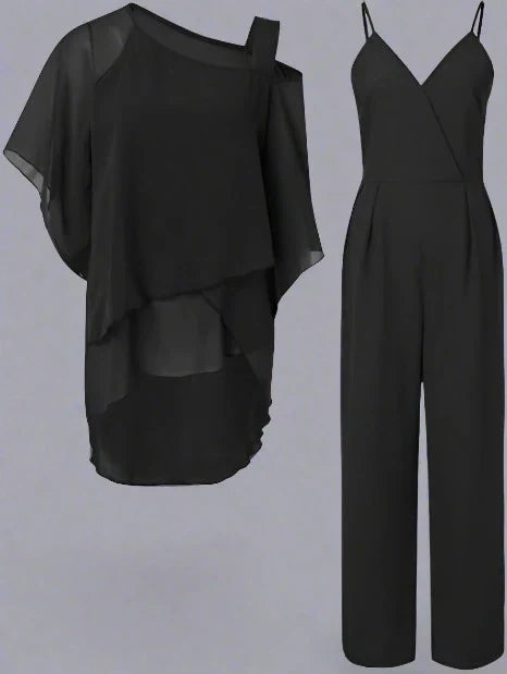 2-teiliges chiffon-outfit - stilvolles damenoberteil und jumpsuit