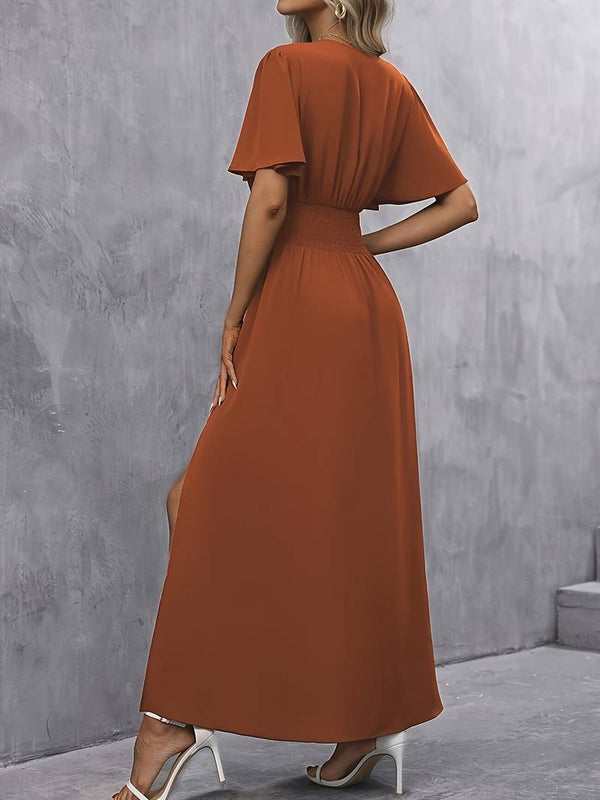 Rust maxi-kleid - elegantes damenkleid mit flatternden ärmeln
