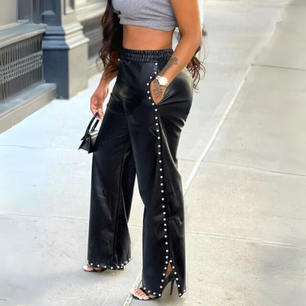 Faux-hosen - stilvolle schwarze damenhosen mit perlendetails