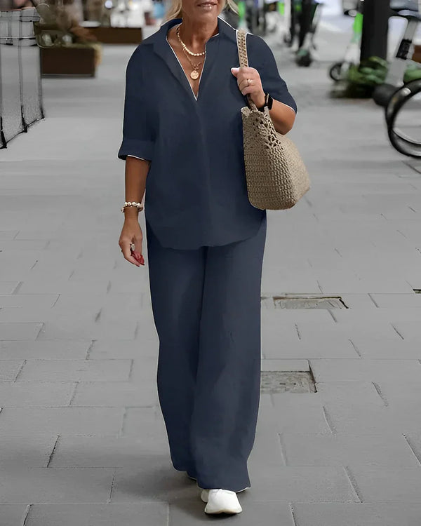 Linen hemd und hose – elegante freizeitmode für frauen