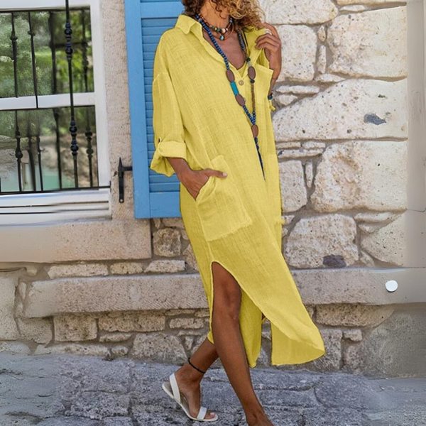 Hemdkleid - schickes damen leinenkleid mit taschen