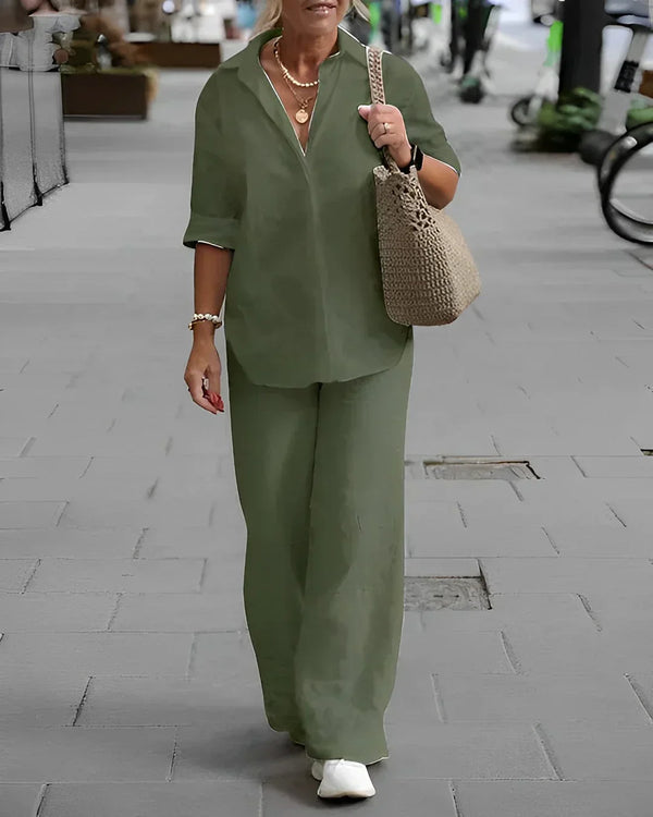 Linen hemd und hose – elegante freizeitmode für frauen