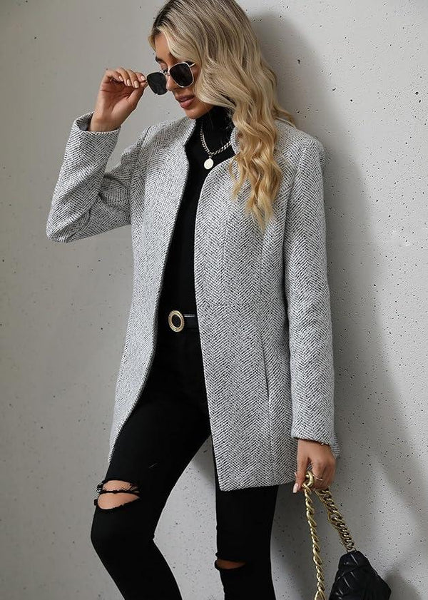 Grauer Tweedmantel mit Fischgrätenmuster für Damen – Lässige und Formelle Jacke