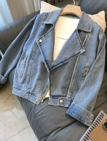 Denimjacke - trendy blaue damen-cropped bikerjacke