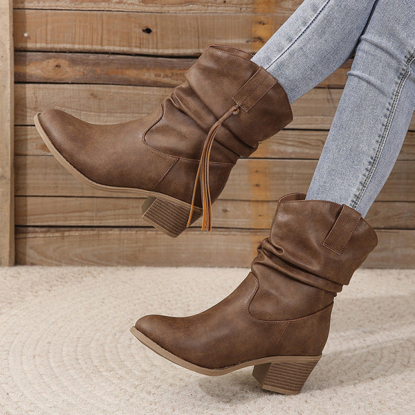 Damen Stiefeletten - lässige braune Boots mit Blockabsatz, Rüschen und Western-Look