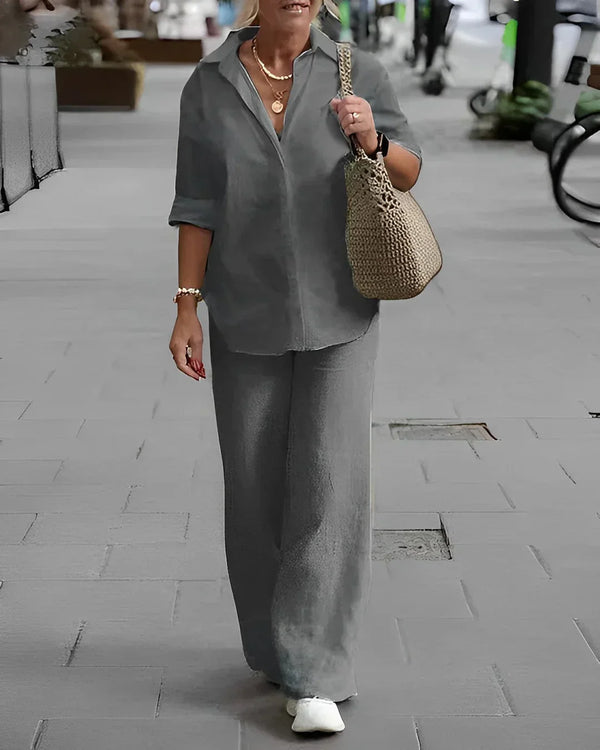 Linen hemd und hose – elegante freizeitmode für frauen