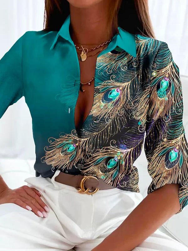 Damen bluse mit pfauenfeder-druck - elegante musterbluse