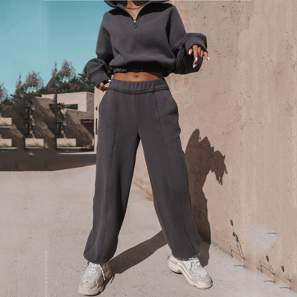 2-teiliges sportlichs Cropped-Sweater-Set mit Jogginghose – Damenpulli mit Reissverschluss und elastischem Bund