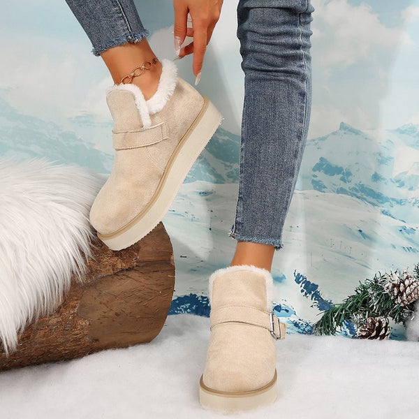 Warme damen slippers – beige winterstiefel mit plüsshfutter, verstellbarem schnallenverschluss und robusser sohle