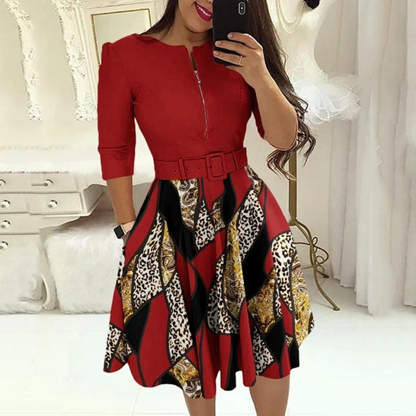 Midi-kleid mit gürtel - elegantes damenkleid mit reißverschluss-detail