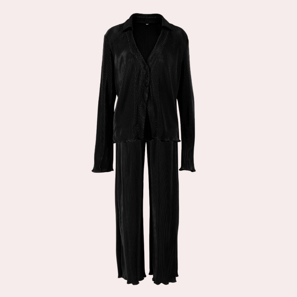 2-teiliges plissee lounge-outfit - elegante schwarze damenmode