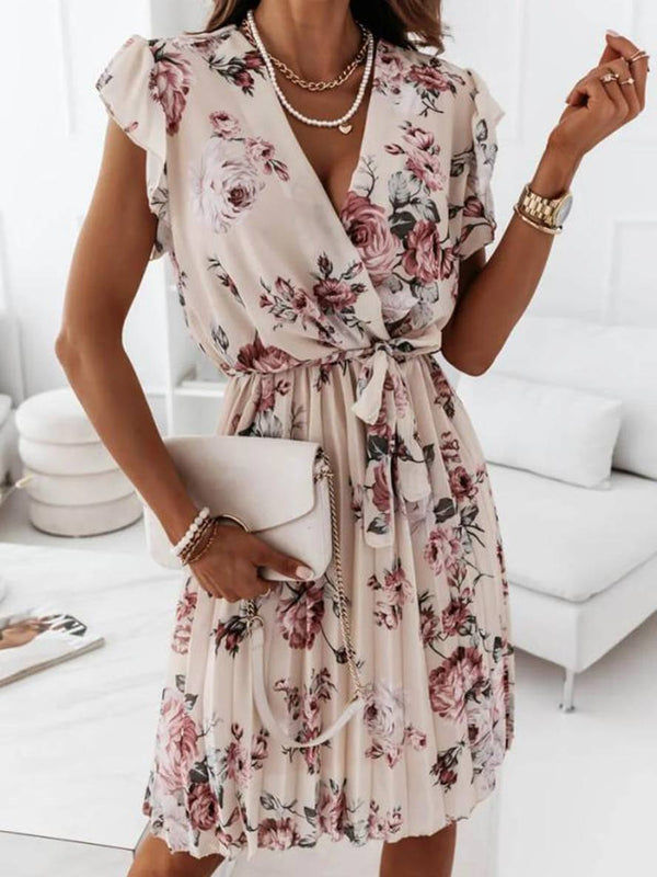 Blumiges wickelkleid - chices plissiertes damenkleid mit v-ausschnitt
