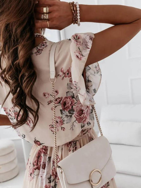 Blumiges wickelkleid - chices plissiertes damenkleid mit v-ausschnitt