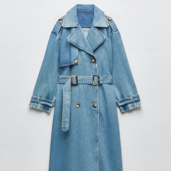 Denim trenchcoat - klassisch blauer damen langmantel