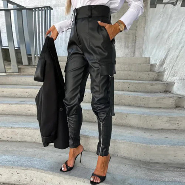 Faux cargohose - stilvolle schwarze damenhose