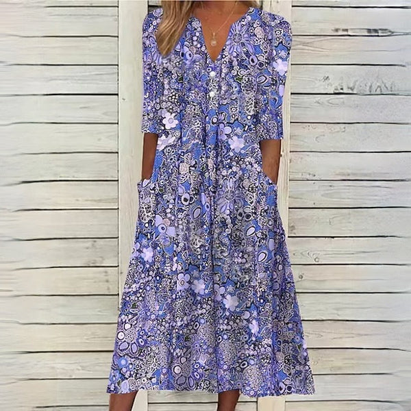 Blumige midi kleid - stilvolles sommerkleid mit taschen