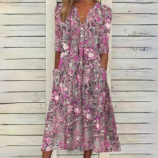 Blumige midi kleid - stilvolles sommerkleid mit taschen